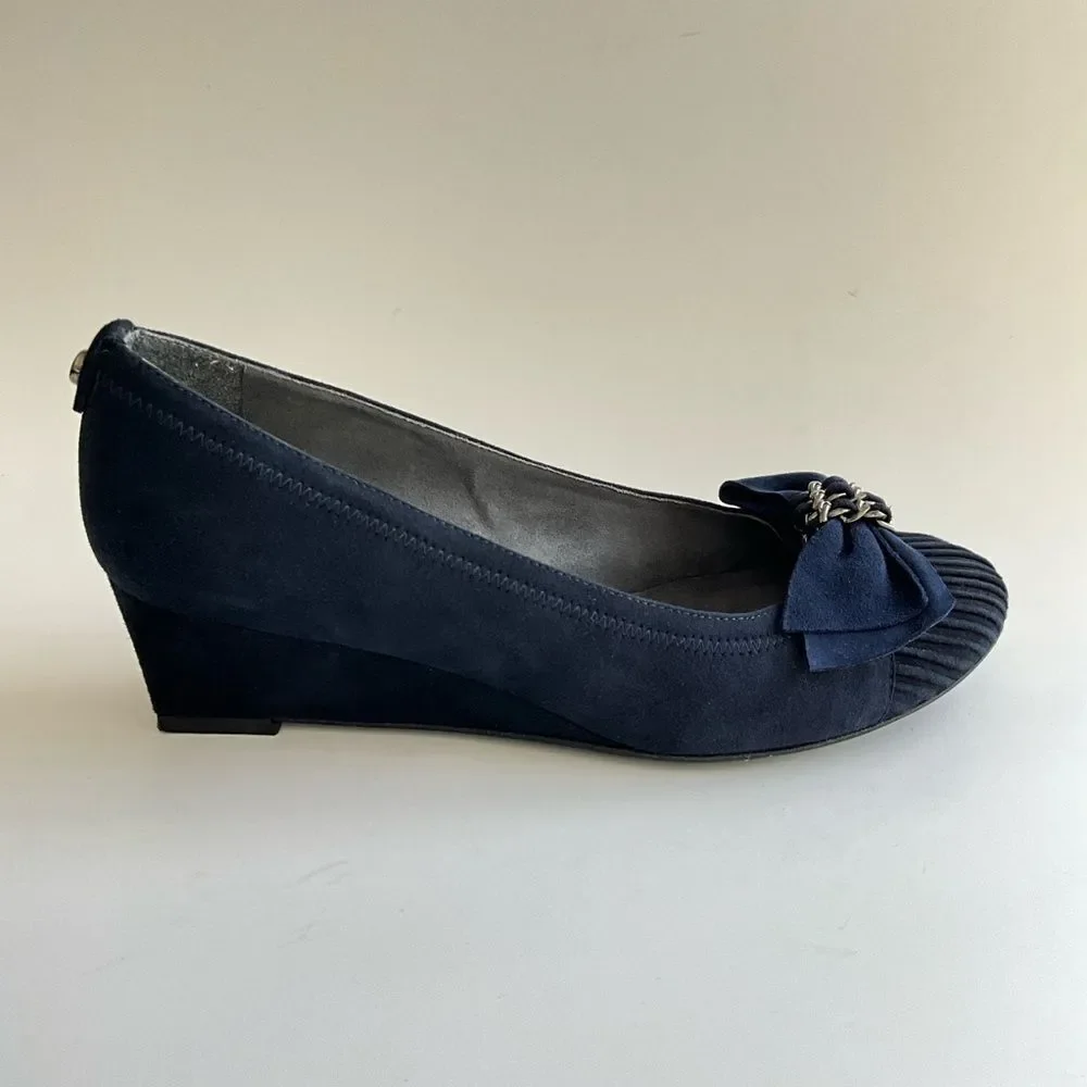 Stuart Weitzman Suede Wedge Bow Front Shoes Blue 7